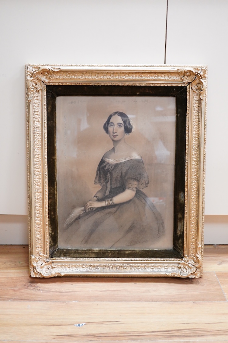 Daniel Maclise RA (1806-1870), Three quarter length portrait of a young woman seated (possibly Queen Victoria), signed and dated 1850, black chalk heightened with white, 44 x 34cm
